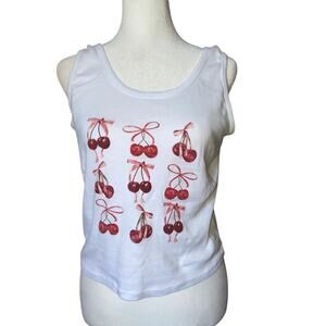White Red Cherry Bows Tee Crop Top Western Style Size Large